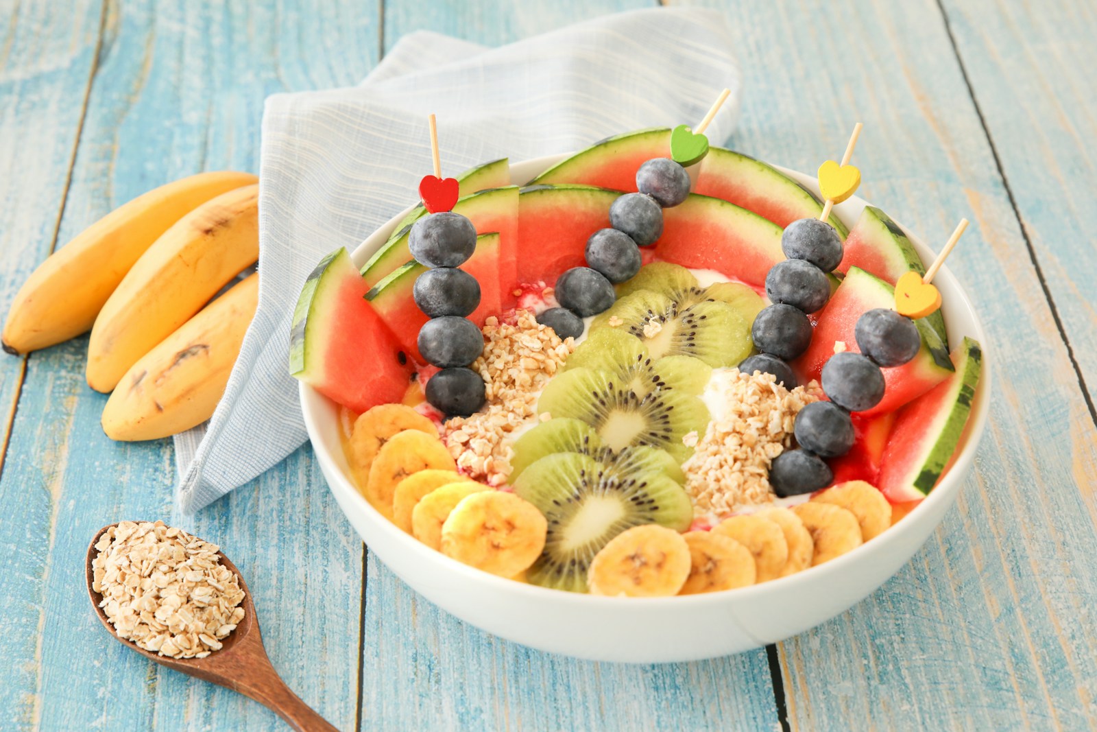 Bowl of oats and fruits on a table